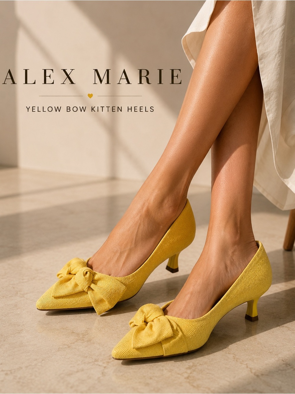 Alex Marie Yellow Bow Pointed Kitten Heels
